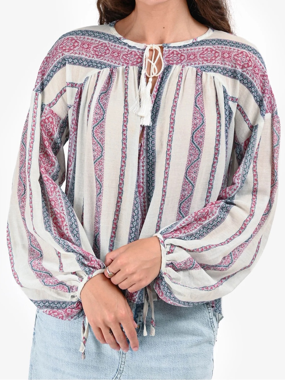 Derek Lam Crosby Blue/Pink Striped V Neck Tassel Blouse Size 4